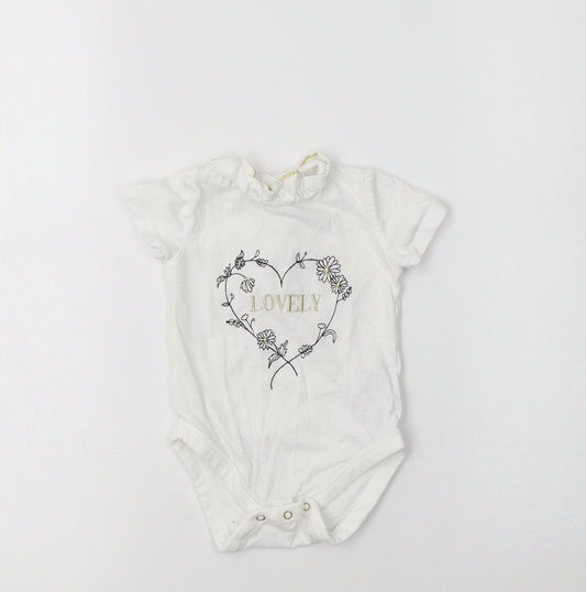 Front view of River Island White Cotton Romper One-Piece, size 6-9, Months - Lovely