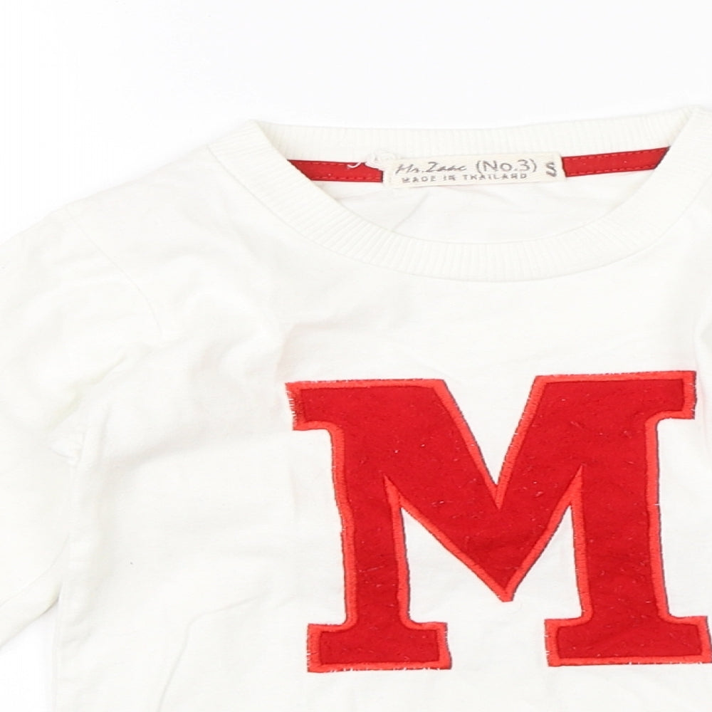 Close-up detail of Preworn boys’ white round neck cotton jumper, size S
