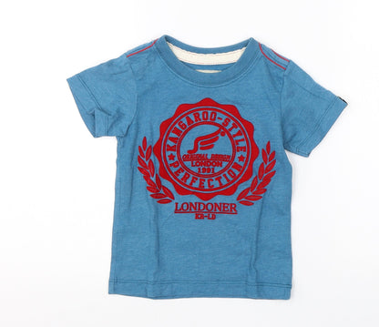 Front view of Kangaroo boys’ blue cotton basic t-shirt, size S, round neck