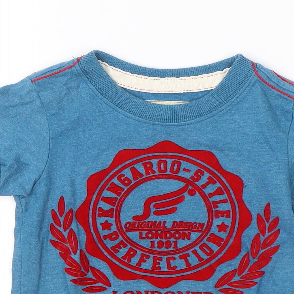 Close-up detail of Kangaroo boys’ blue cotton basic t-shirt, size S, round neck