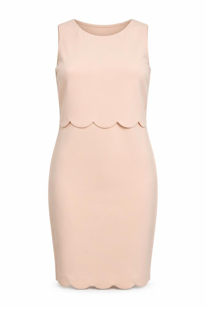 Front view of Boohoo women’s pink polyester pencil dress, size UK 10, round neck