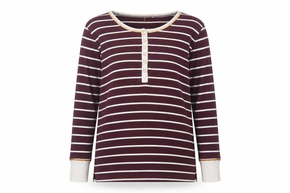 Front view of Peaches & Dreams women’s purple striped cotton basic t-shirt, size M, round neck