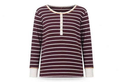 Front view of Peaches & Dreams women’s purple striped cotton basic t-shirt, size M, round neck