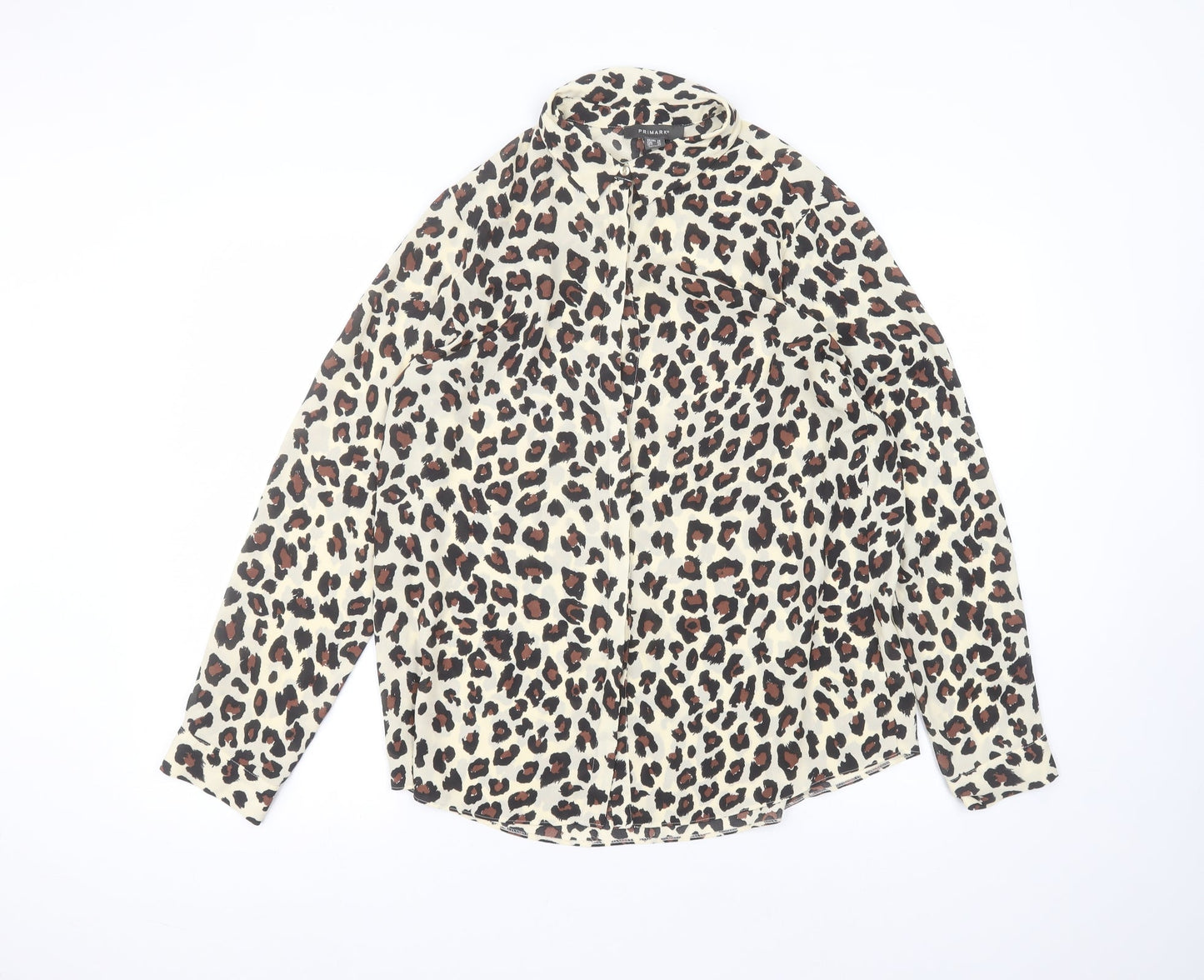 Primark Womens Brown Animal Print Polyester Basic Button-Up Size 14 Round Neck
