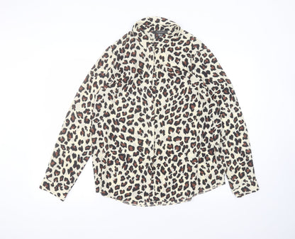 Primark Womens Brown Animal Print Polyester Basic Button-Up Size 14 Round Neck