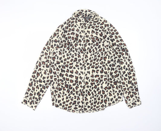 Primark Womens Brown Animal Print Polyester Basic Button-Up Size 14 Round Neck