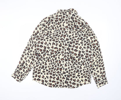 Primark Womens Brown Animal Print Polyester Basic Button-Up Size 14 Round Neck