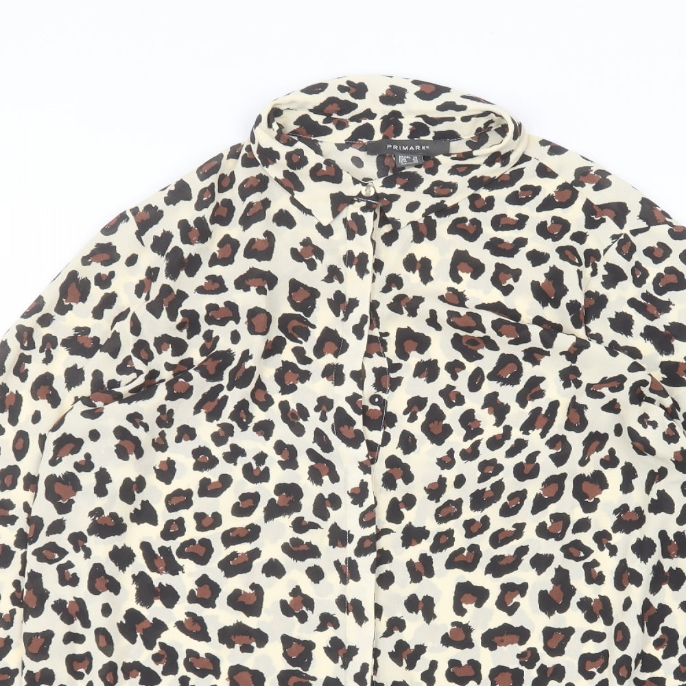 Primark Womens Brown Animal Print Polyester Basic Button-Up Size 14 Round Neck