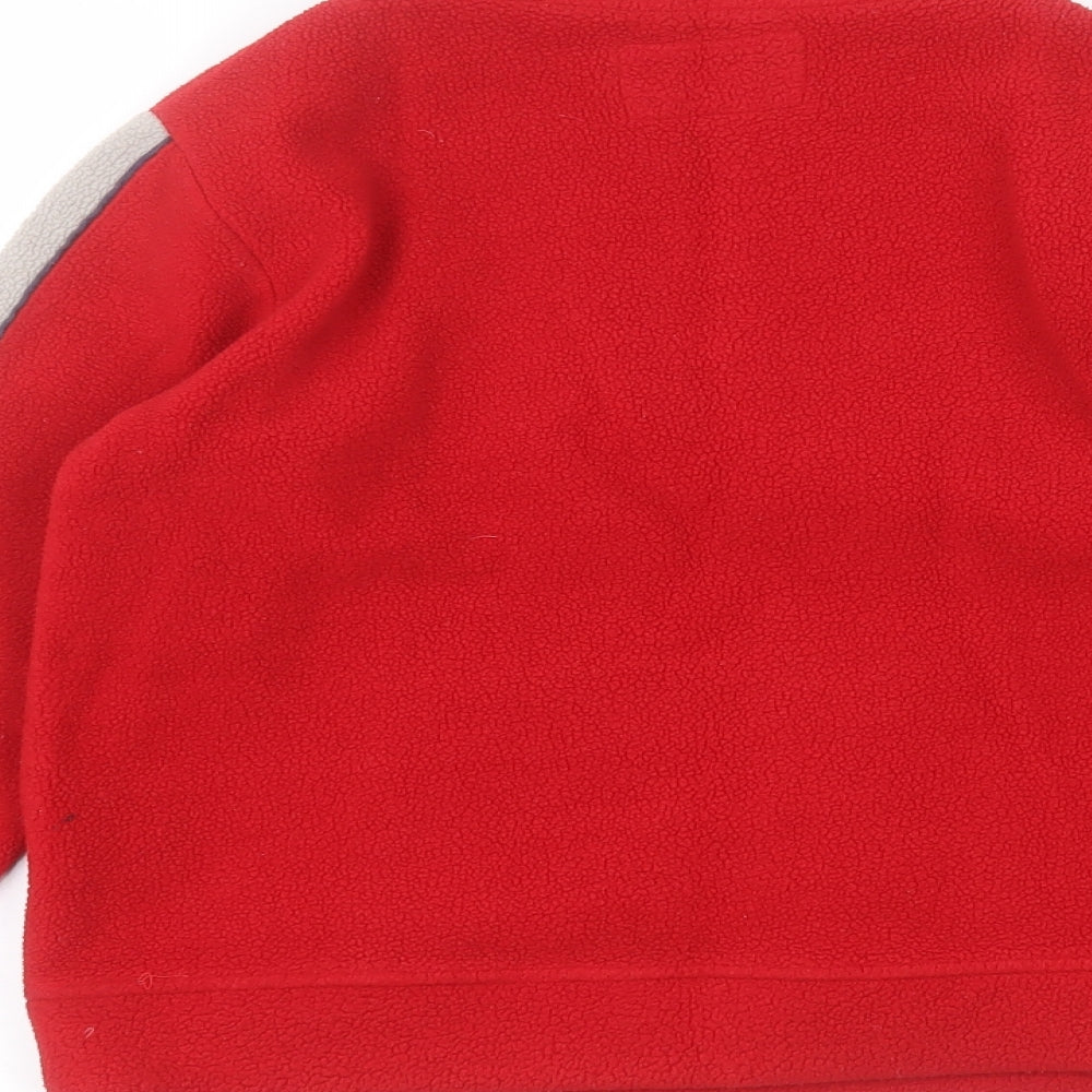 Brand and care label for Kangaroo boys’ red round neck polyester jumper, size 7-8, years
