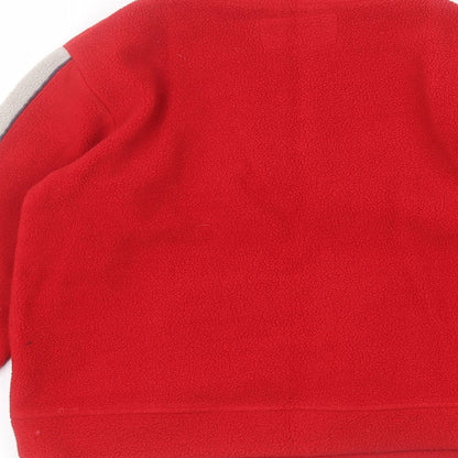 Brand and care label for Kangaroo boys’ red round neck polyester jumper, size 7-8, years