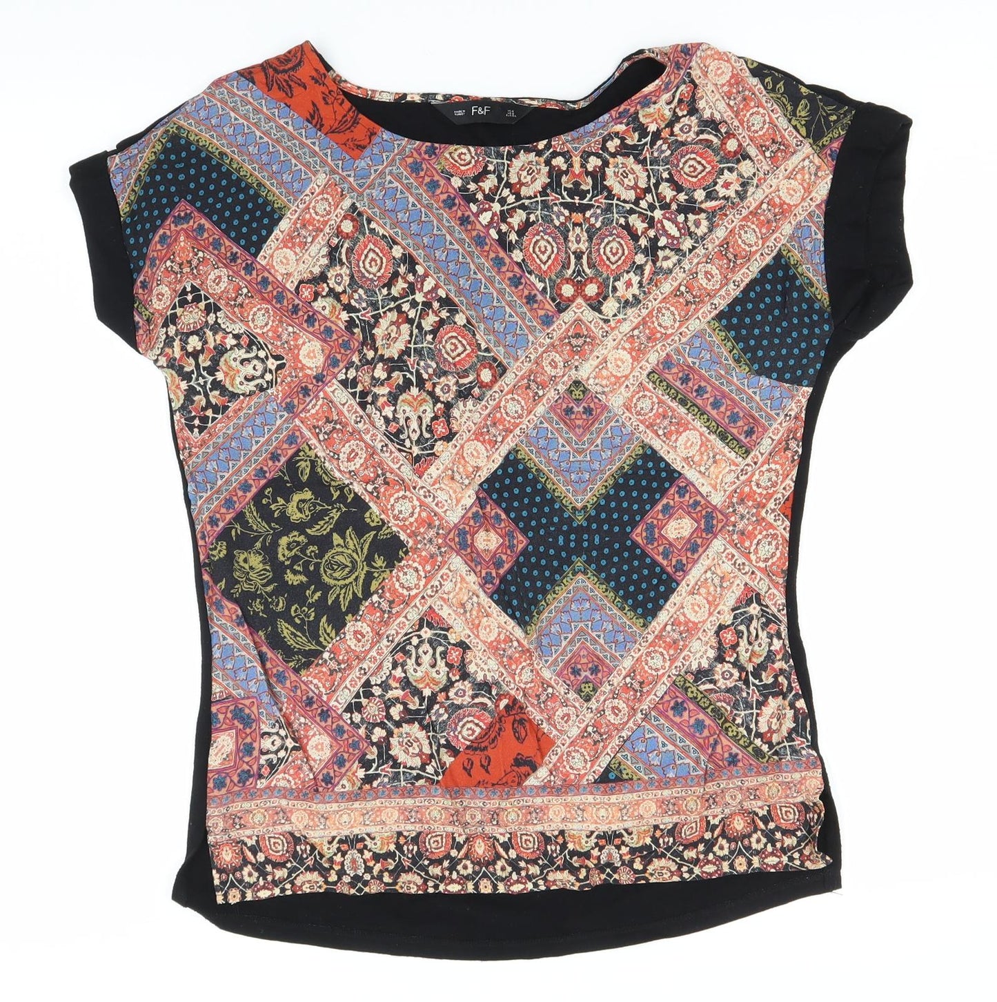 F&F Womens Multicoloured Paisley Viscose Basic T-Shirt Size 6 Round Neck