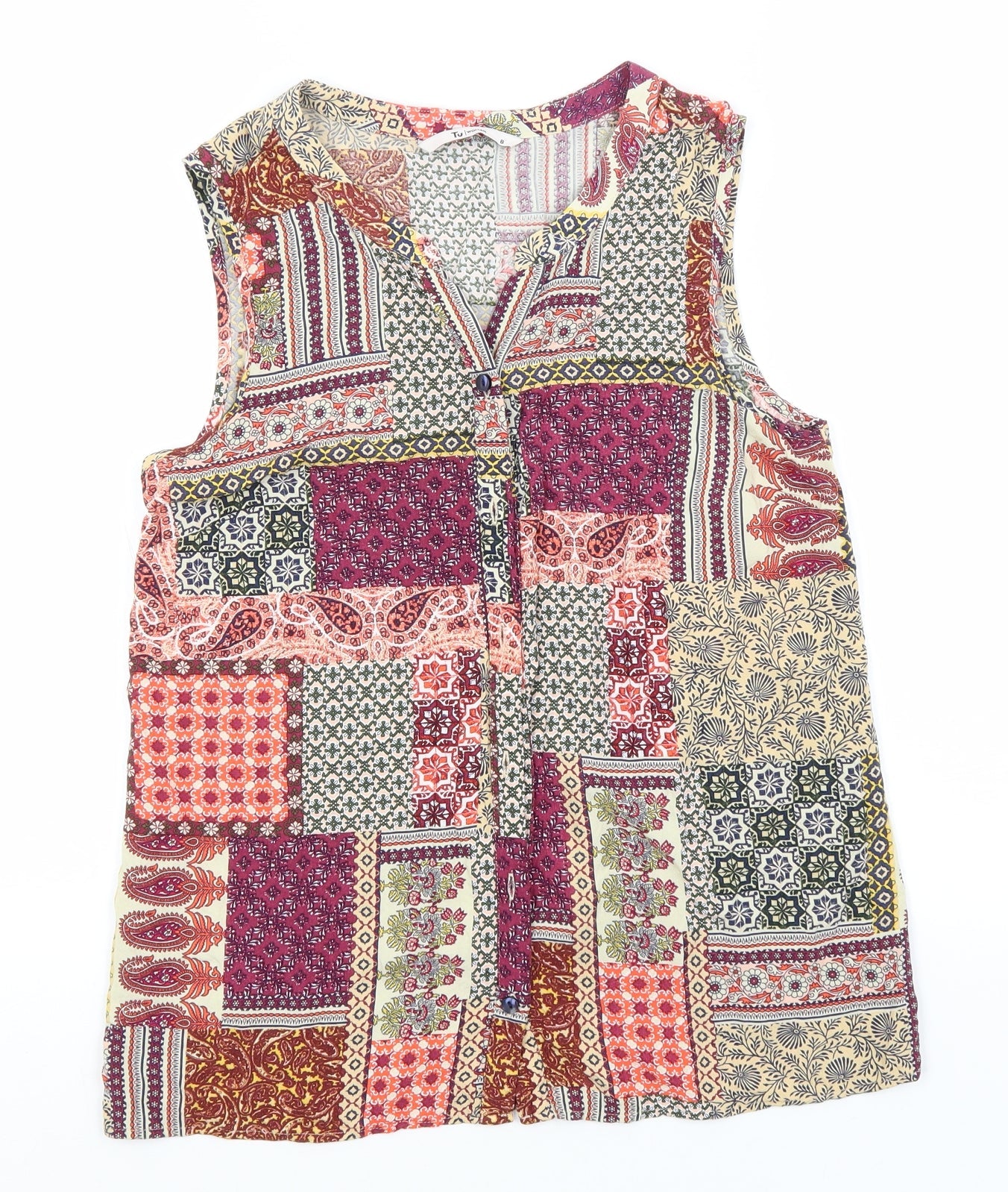 TU Womens Multicoloured Paisley Viscose Basic Button-Up Size 8 Round Neck