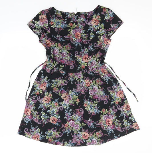 New Look Womens Black Floral Polyester A-Line  Size 12  Round Neck