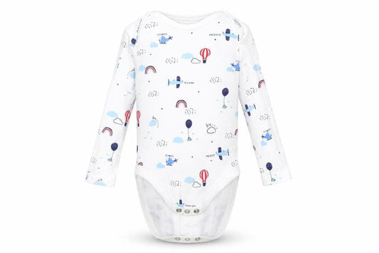Front view of F&F boys’ white cotton babygrow one-piece, size 3-6, months - plane, helicopter, ballon, rainbow
