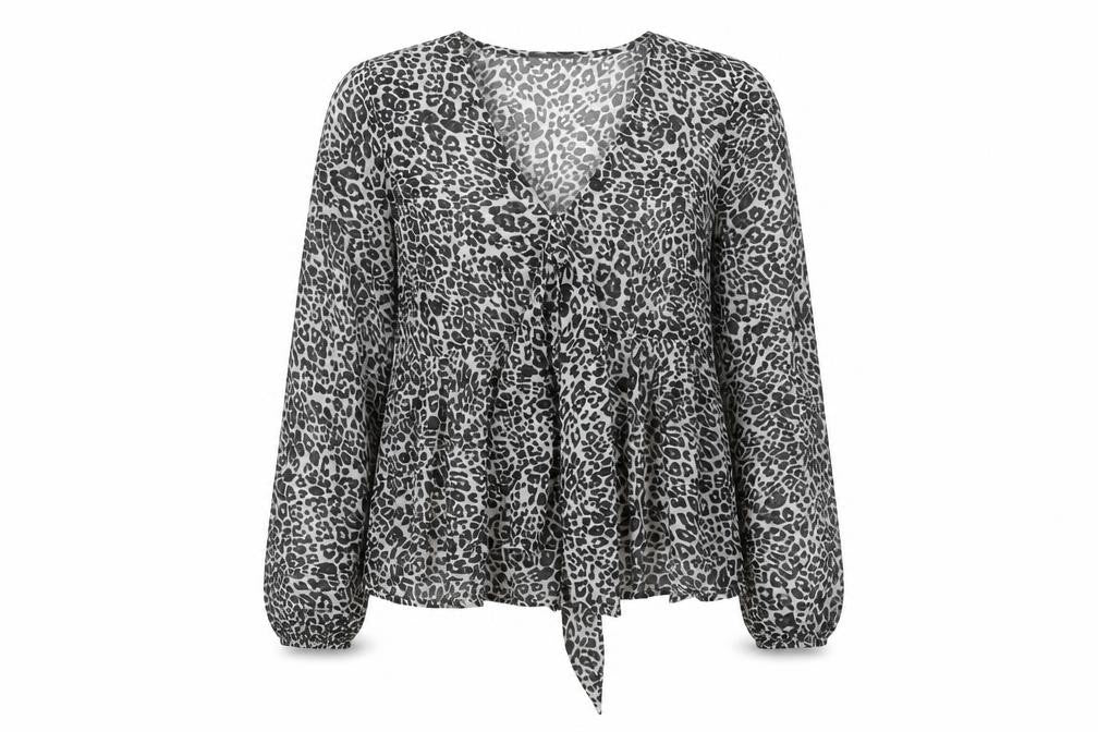Front view of MINT VELEVT women’s multicoloured animal print polyester basic blouse, size UK 12, v-neck