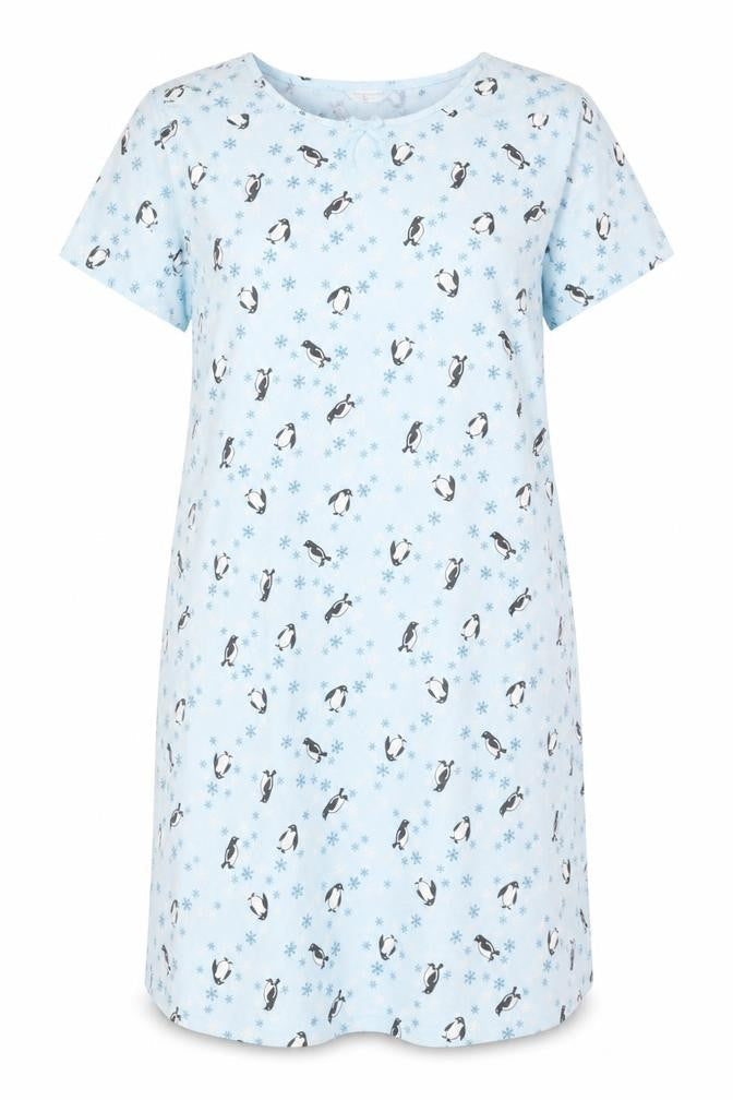 Front view of Bonmarché women’s blue animal print polyester dress, size UK 14, - penguin snowflakes