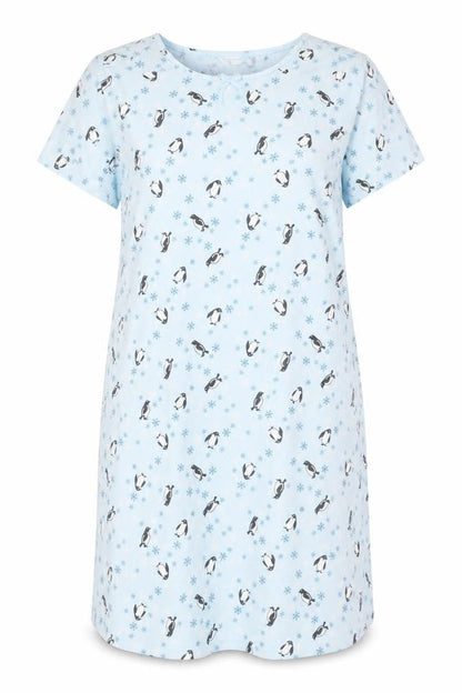 Front view of Bonmarché women’s blue animal print polyester dress, size UK 14, - penguin snowflakes