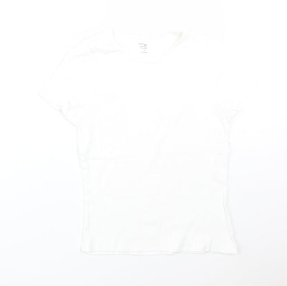 Preworn Womens White Striped  Basic T-Shirt Size 14 Crew Neck