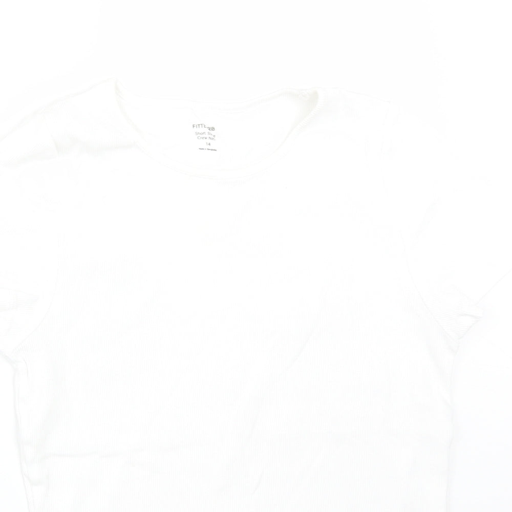 Preworn Womens White Striped  Basic T-Shirt Size 14 Crew Neck