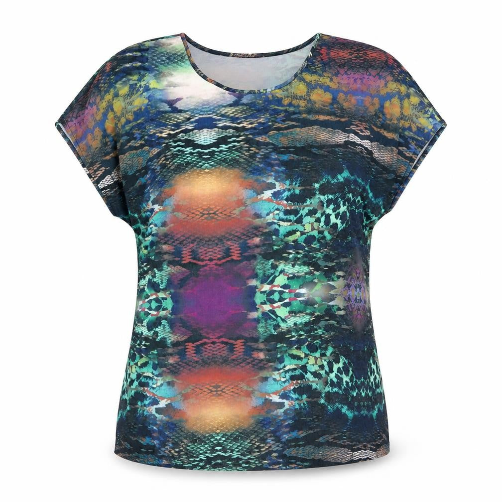Front view of ELLEN REYES women’s multicoloured animal print polyester basic t-shirt, size XL, round neck