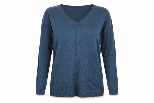 Front view of Atmosphere women’s blue viscose basic t-shirt, size UK 10, v-neck