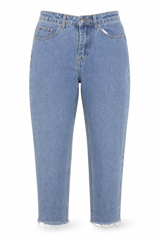 Front view of Missguided women’s blue cotton mom jeans, size UK 6, 24-inch leg regular