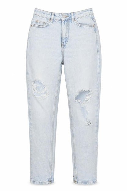 Front view of denim Co women’s blue cotton mom jeans, size UK 6, 28-inch leg regular