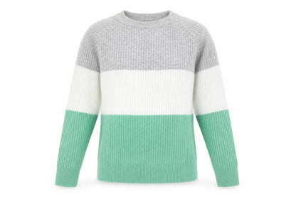 Front view of Papaya women’s green round neck striped acrylic jumper, size S