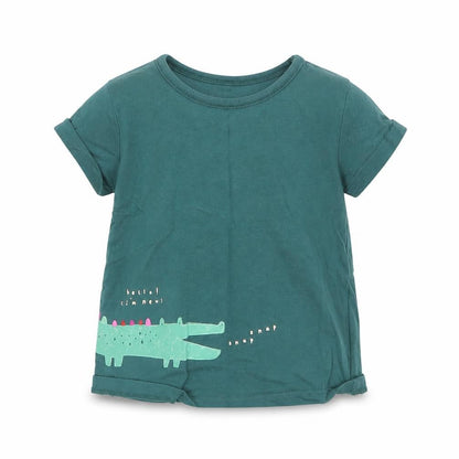 Front view of George Baby Green Cotton Basic T-Shirt, size 6-9, Months Round Neck - Crocodile