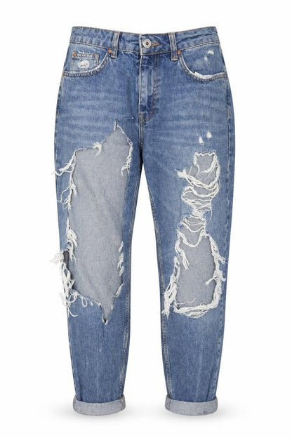 Front view of Denim Co women’s blue cotton mom jeans, size UK 10, 24-inch leg regular