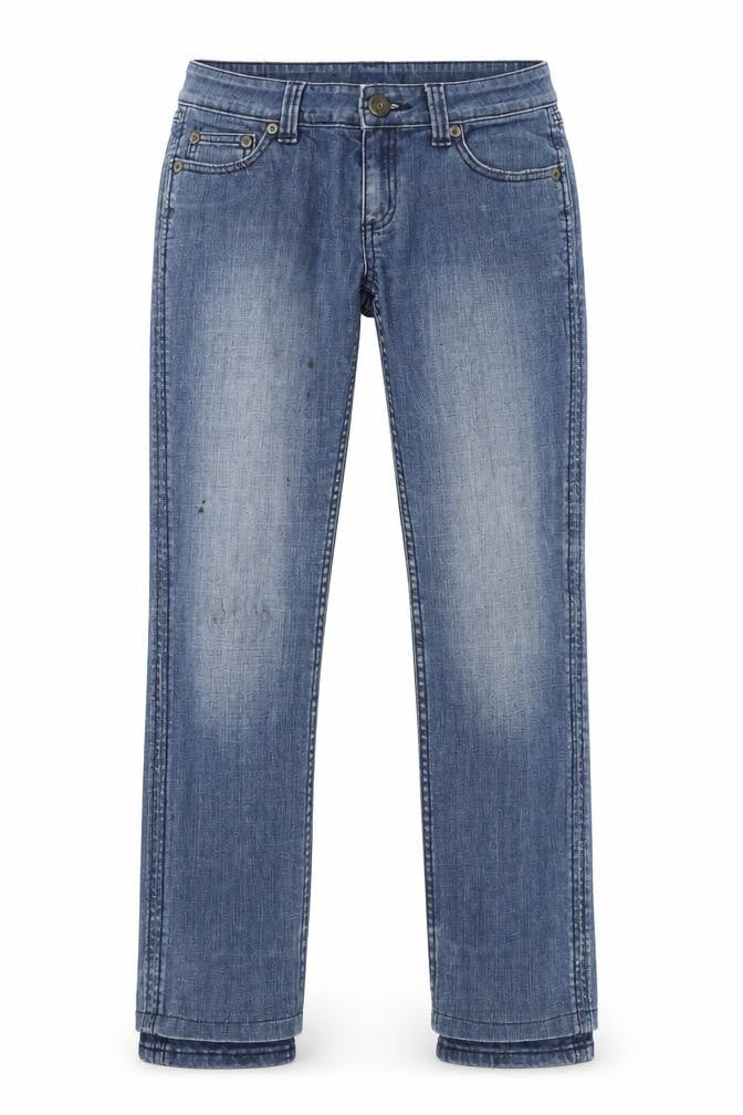 Front view of women’s blue cotton straight jeans, size UK 38, in, 26-inch leg regular