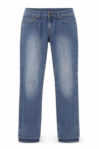 Front view of women’s blue cotton straight jeans, size UK 38, in, 26-inch leg regular