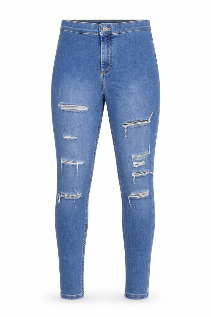 Front view of Topshop women’s blue cotton skinny jeans, size UK 28, in, 26-inch leg regular