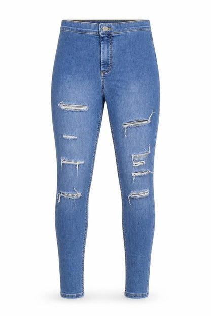 Front view of Topshop women’s blue cotton skinny jeans, size UK 28, in, 26-inch leg regular