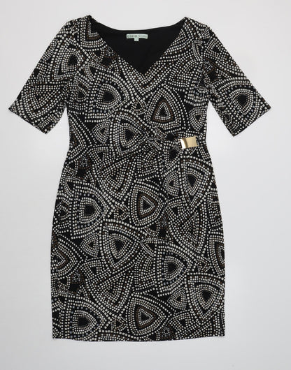 Cleo Womens Black Geometric Polyester A-Line  Size 10  V-Neck