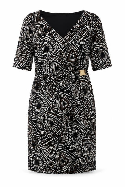 Front view of Cleo women’s black geometric polyester a-line, size UK 10, v-neck