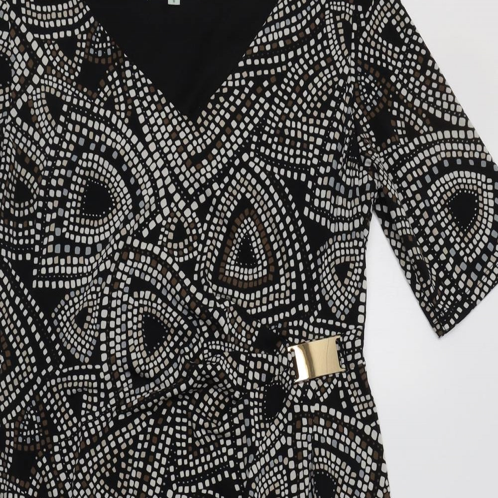 Cleo Womens Black Geometric Polyester A-Line  Size 10  V-Neck