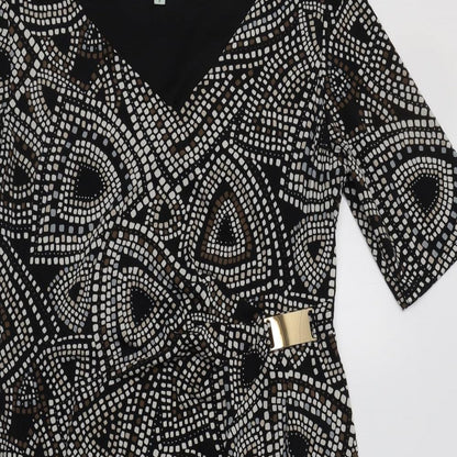 Cleo Womens Black Geometric Polyester A-Line  Size 10  V-Neck