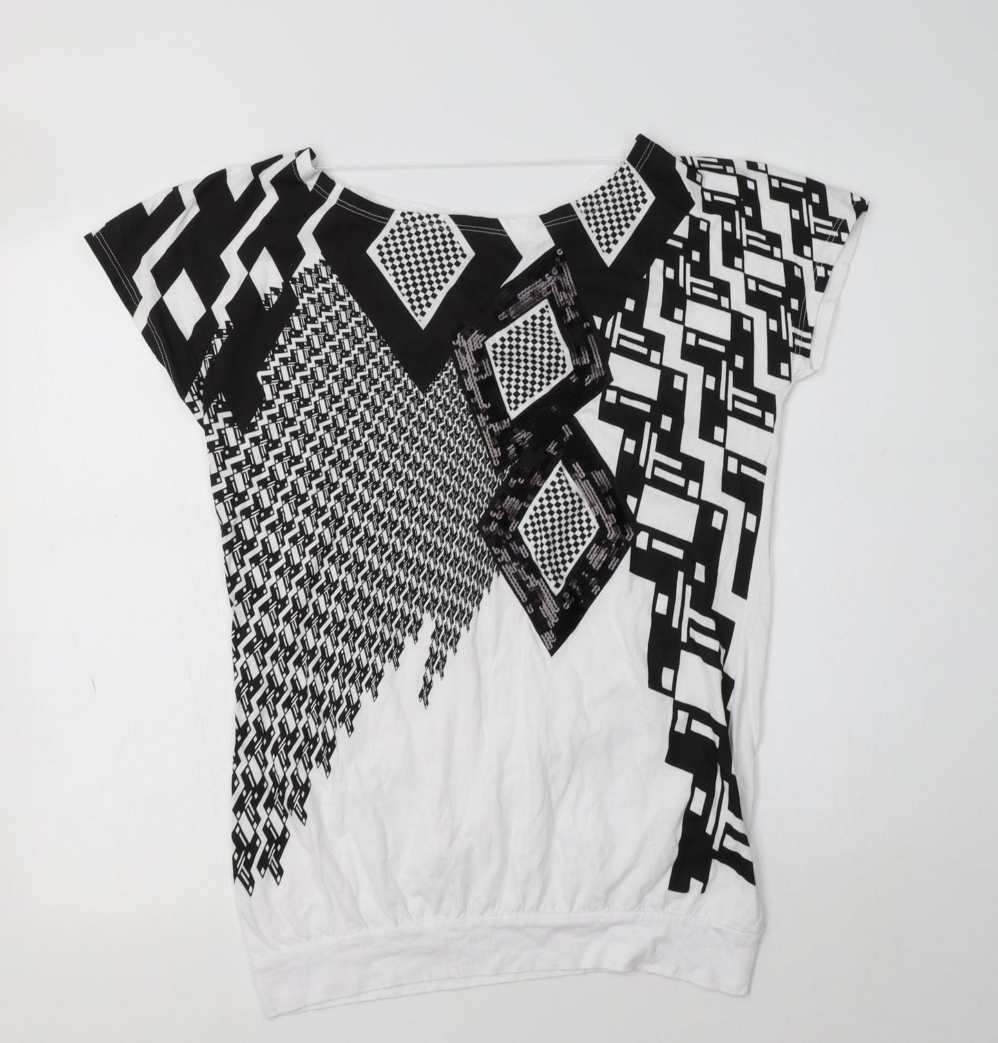 Primark Womens White Geometric Cotton Basic T-Shirt Size 14 Boat Neck