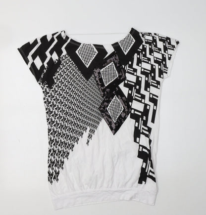 Primark Womens White Geometric Cotton Basic T-Shirt Size 14 Boat Neck
