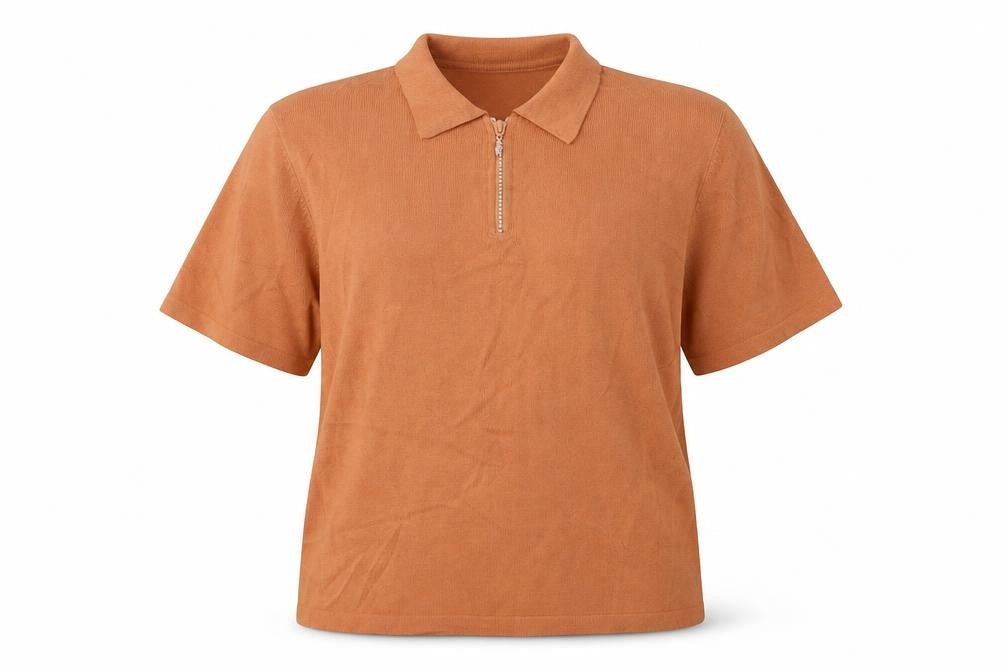 Front view of Kaleidscope women’s orange collared acrylic jumper, size UK 20