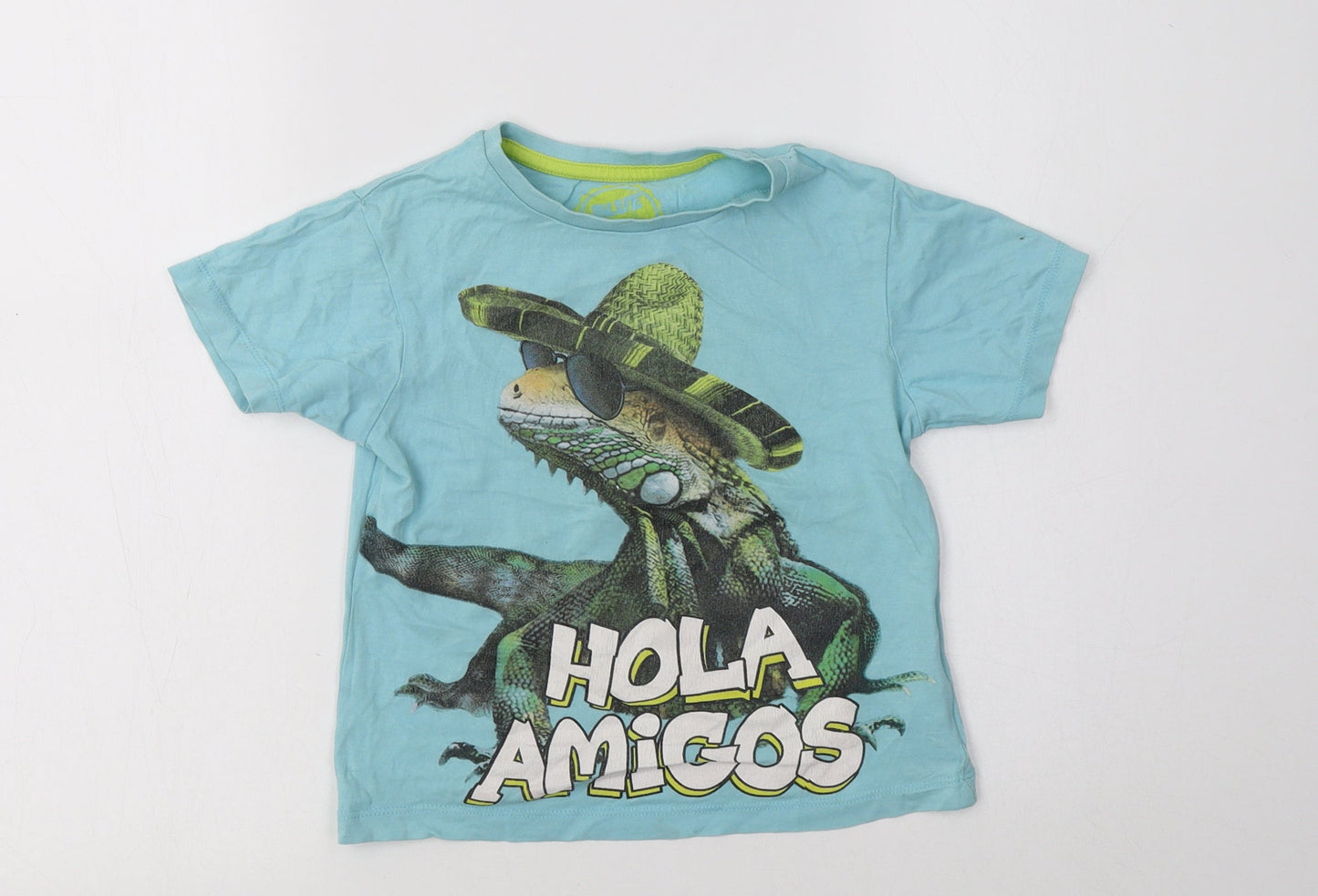 Blue Zoo  Boys Blue  Cotton Basic T-Shirt Size 4-5 Years Crew Neck  - Lizard