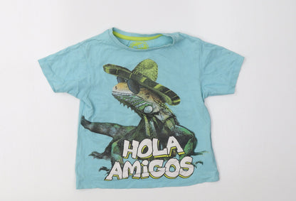 Blue Zoo  Boys Blue  Cotton Basic T-Shirt Size 4-5 Years Crew Neck  - Lizard
