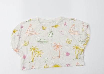 Zara Girls White Geometric Cotton Cropped Polo Size 6 Years Crew Neck  - Palm Tree& Sun Print