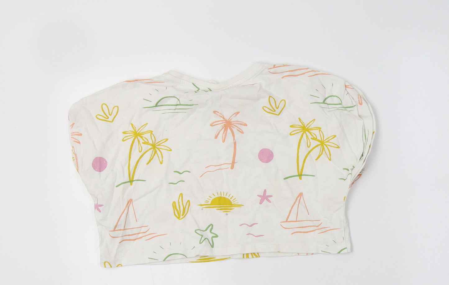 Zara Girls White Geometric Cotton Cropped Polo Size 6 Years Crew Neck  - Palm Tree& Sun Print