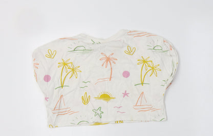 Zara Girls White Geometric Cotton Cropped Polo Size 6 Years Crew Neck  - Palm Tree& Sun Print