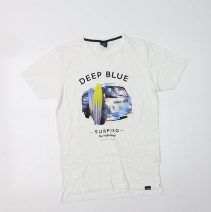 Springfield Womens White  Cotton Basic T-Shirt Size XS Crew Neck - Deep Blue