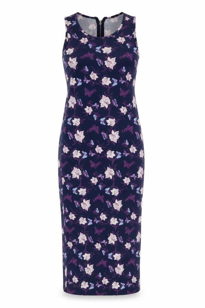 Front view of women’s multicoloured animal print viscose tank dress, size UK 10, round neck