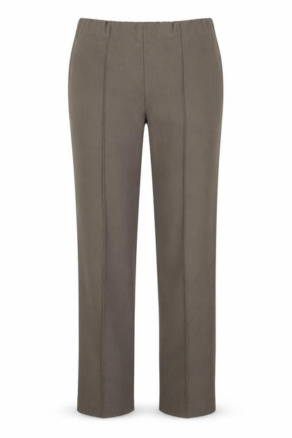 Front view of Preworn women’s brown polyester trousers, size UK 12, 27-inch leg regular