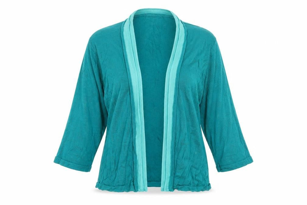 Front view of Peacocks women’s green v-neck cardigan jumper, size UK 12